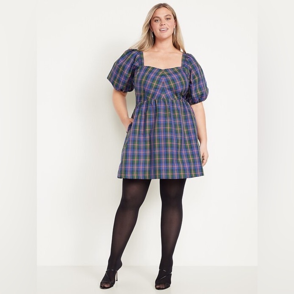 NWT! Old Navy Puff-Sleeve Plaid Fit & Flare Taffeta Mini Dress - Multiple - Picture 6 of 10
